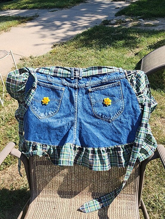 Handmade Accessories - Upcycled Denim Waist Apron Plaid Ruffle Sunflower Boho Half Apron